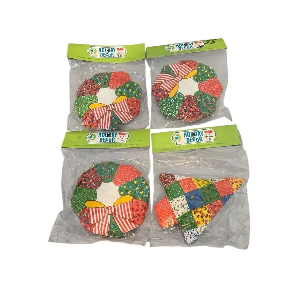 Vintage Lot of 4 Patchwork 70s Kitchy Quilted Christmas Ornament Kits